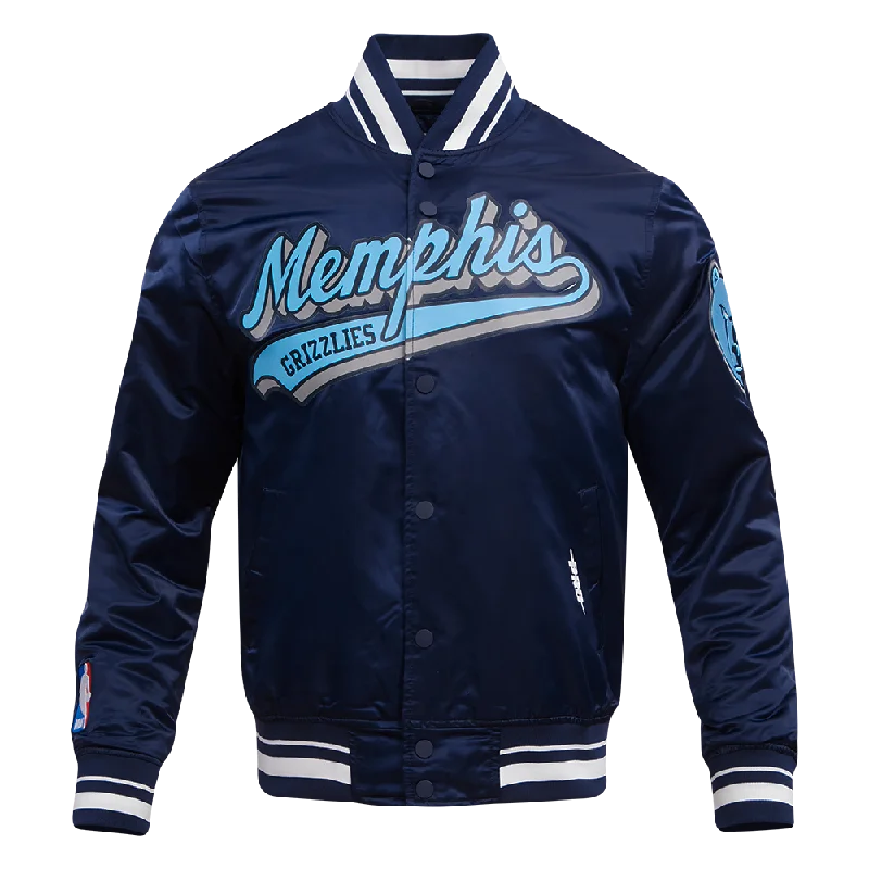 Summer Wear NBA MEMPHIS GRIZZLIES SCRIPT TAIL MEN'S RIB SATIN JACKET (MIDNIGHT NAVY) Summer Wear NBA MEMPHIS GRIZZLIES SCRIPT TAIL MEN'S RIB SATIN JACKET (MIDNIGHT NAVY)