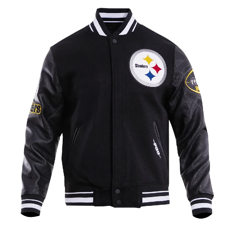 Premium Wardrobe NFL PITTSBURGH STEELERS OLD ENGLISH WOOL MEN'S VARSITY JACKET (BLACK) Premium Wardrobe NFL PITTSBURGH STEELERS OLD ENGLISH WOOL MEN'S VARSITY JACKET (BLACK)