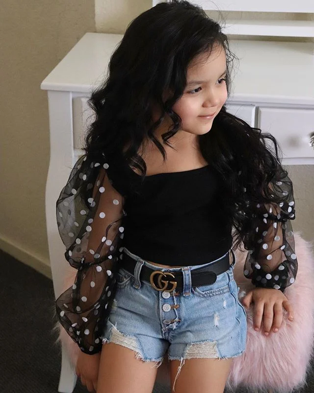 Business Casual Children'S Clothing Cotton Dot Mesh Sleeves Striped Top Ripped Denim Shorts Kids Suit