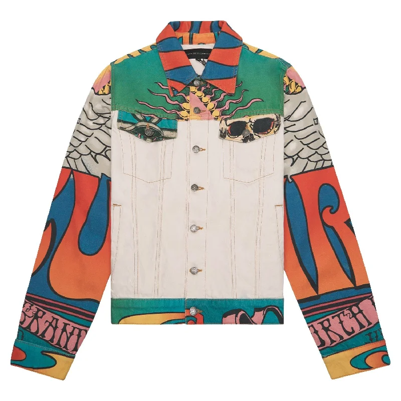 Sleek Tops Johnny Wings Print Canvas Trucker Jacket | Green