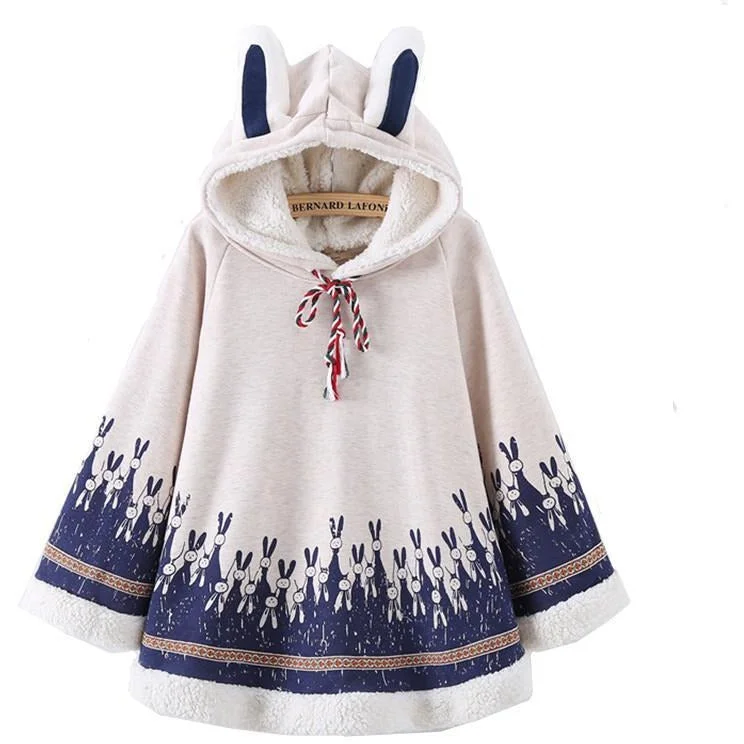 Practical Clothing Warm Fleece Rabbit Print Cape With Ears