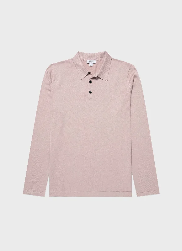 Comfortable Fits Men's Long Sleeve Sea Island Cotton Polo Shirt in Pale Pink