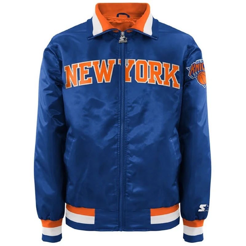 Street Style Tops STARTER Mens New York Knicks Satin Varsity Jacket, Blue, Large