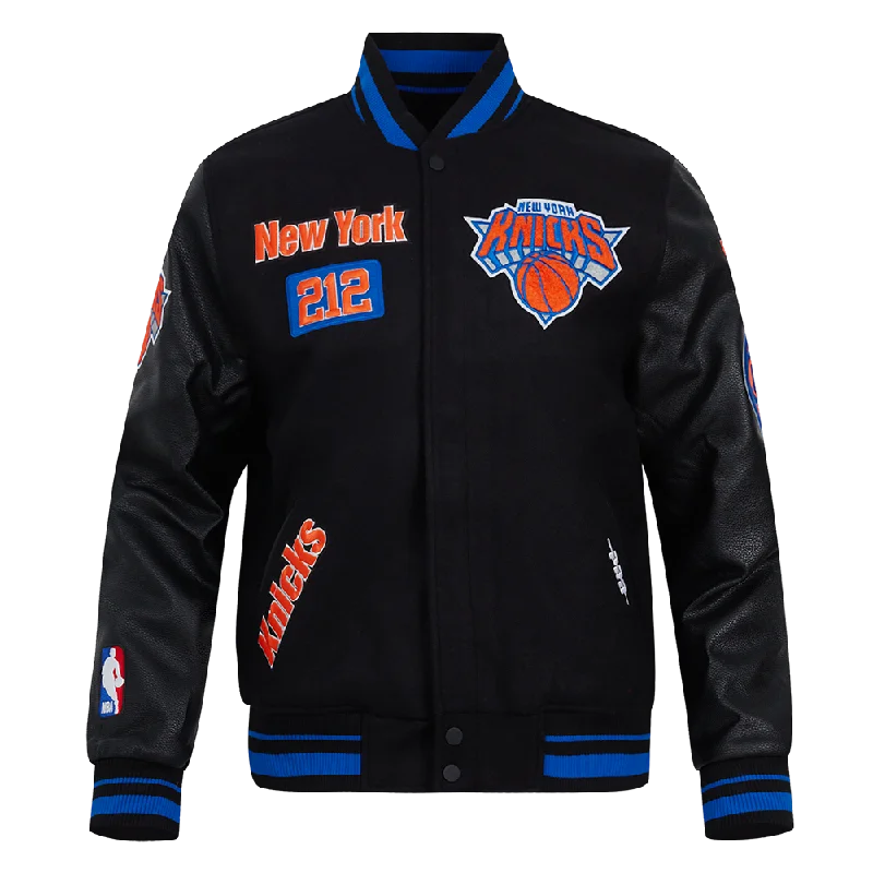 Stylish Jackets NBA NEW YORK KNICKS AREA CODE MEN'S RIB WOOL VARSITY JACKET (BLACK/ROYAL BLUE/BLACK) Stylish Jackets NBA NEW YORK KNICKS AREA CODE MEN'S RIB WOOL VARSITY JACKET (BLACK/ROYAL BLUE/BLACK)