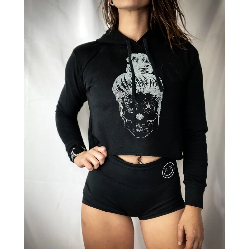 Formal Shirts Salty Savage Ladies “Messy Bun Skull” Cropped Hoodie | Black