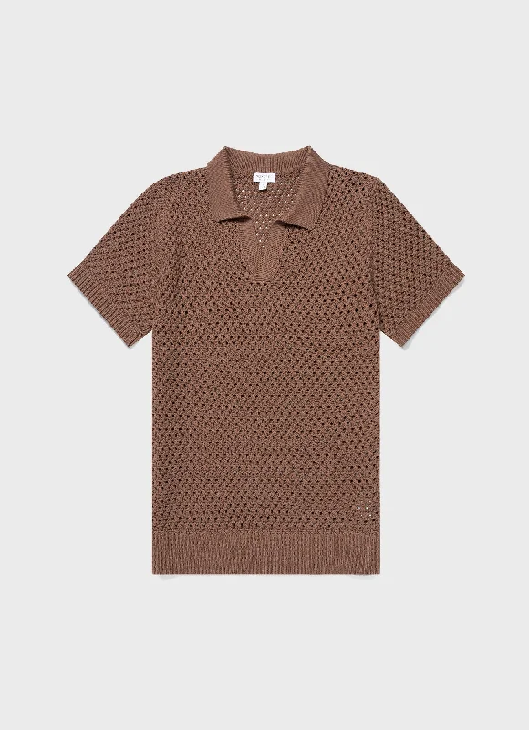 All-Day Wear Men's Open Stitch Polo Shirt in Brown