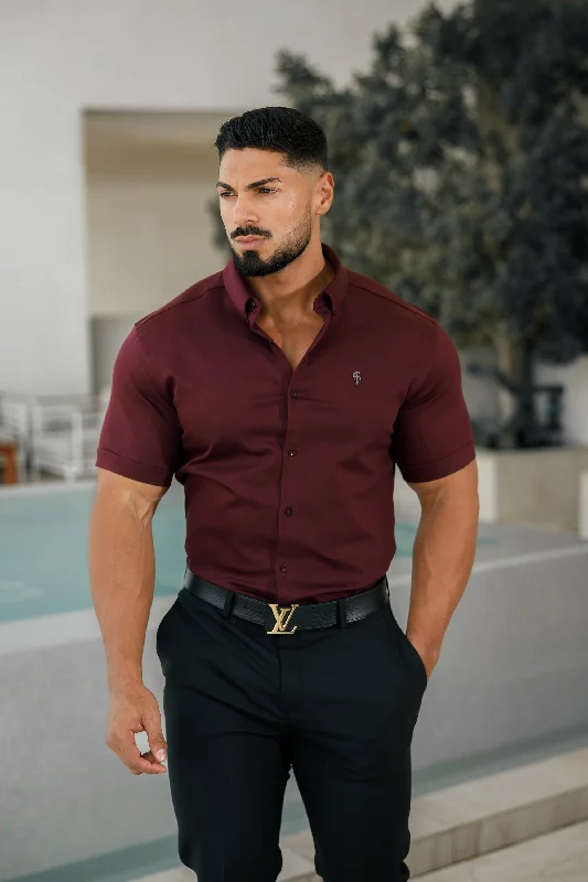 Casual Styles Father Sons Super Slim Stretch Burgundy Denim Short Sleeve with Metal Decal Emblem - FS629