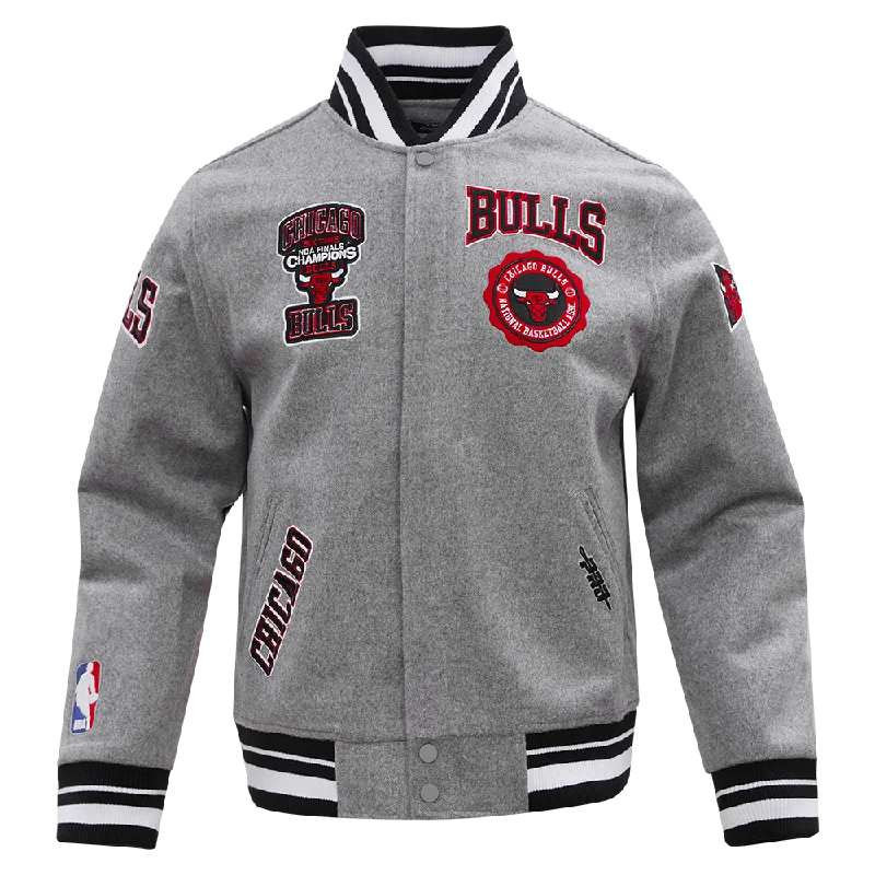Versatile Wear NBA CHICAGO BULLS CREST EMBLEM MEN'S RIB WOOL VARSITY JACKET (HEATHER GRAY/BLACK) Versatile Wear NBA CHICAGO BULLS CREST EMBLEM MEN'S RIB WOOL VARSITY JACKET (HEATHER GRAY/BLACK)