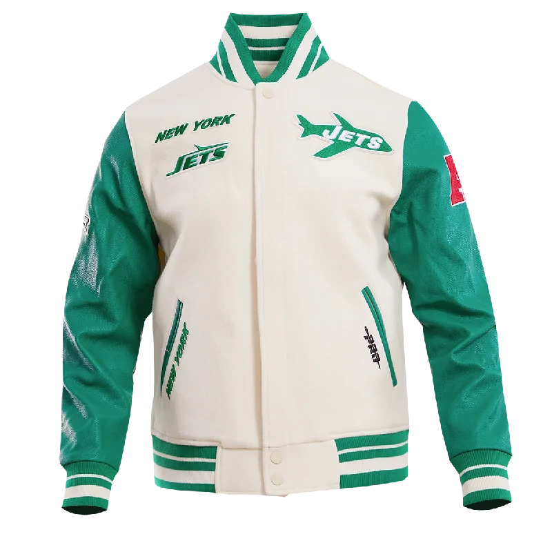 Denim Looks NFL NEW YORK JETS RETRO CLASSIC MEN'S RIB WOOL VARSITY JACKET (EGGSHELL/ KELLY GREEN) Denim Looks NFL NEW YORK JETS RETRO CLASSIC MEN'S RIB WOOL VARSITY JACKET (EGGSHELL/ KELLY GREEN)