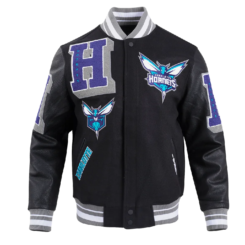 Urban Jackets NBA CHARLOTTE HORNETS MASHUP MEN'S RIB WOOL VARSITY JACKET (BLACK/GRAY) Urban Jackets NBA CHARLOTTE HORNETS MASHUP MEN'S RIB WOOL VARSITY JACKET (BLACK/GRAY)