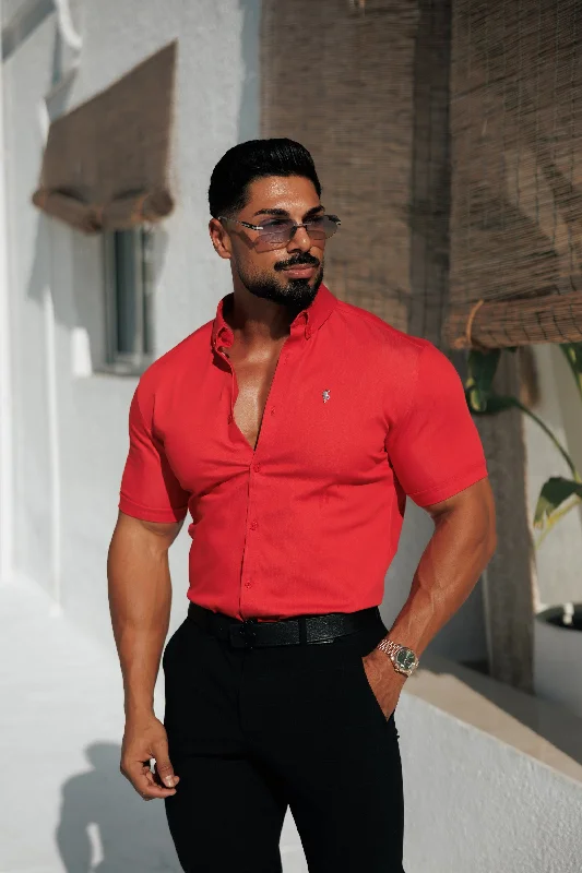 Outdoor Gear FS Super Slim Stretch Postbox Red Denim Short Sleeve with Button Down Collar - FS1135 Outdoor Gear FS Super Slim Stretch Postbox Red Denim Short Sleeve with Button Down Collar - FS1135