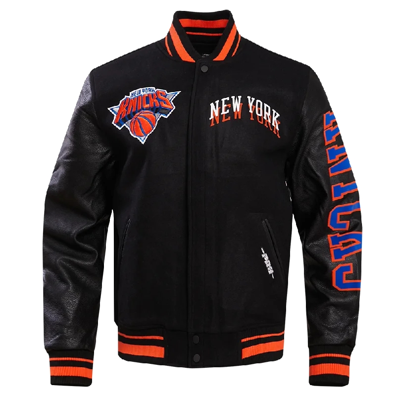 Casual Footwear NBA NEW YORK KNICKS CHEST MEN'S LAYERED RIB WOOL VARSITY JACKET (BLACK/ORANGE)