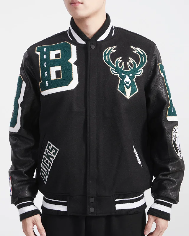 Easygoing Wardrobe NBA MILWAUKEE BUCKS MASHUP MEN'S RIB WOOL VARSITY JACKET (BLACK) Easygoing Wardrobe NBA MILWAUKEE BUCKS MASHUP MEN'S RIB WOOL VARSITY JACKET (BLACK)