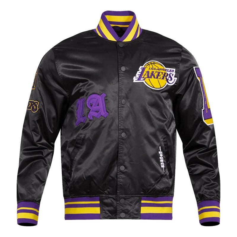 Urban Tees NBA LOS ANGELES LAKERS OLD ENGLISH LOGO MEN'S SATIN JACKET (BLACK/PURPLE) Urban Tees NBA LOS ANGELES LAKERS OLD ENGLISH LOGO MEN'S SATIN JACKET (BLACK/PURPLE)