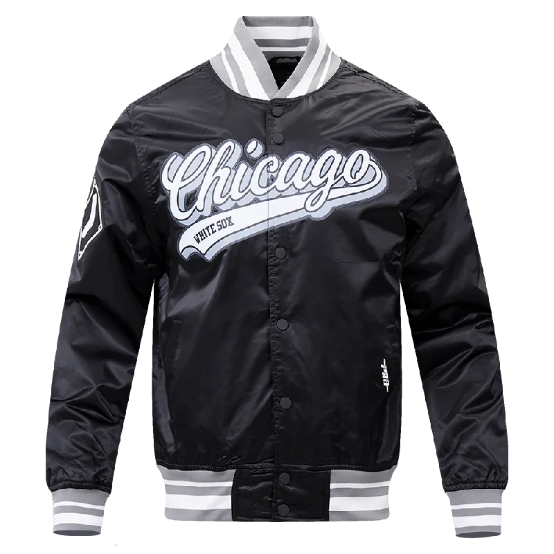 Layered Styles MLB CHICAGO WHITE SOX SCRIPT TAIL MEN'S SATIN JACKET (BLACK/GRAY)
