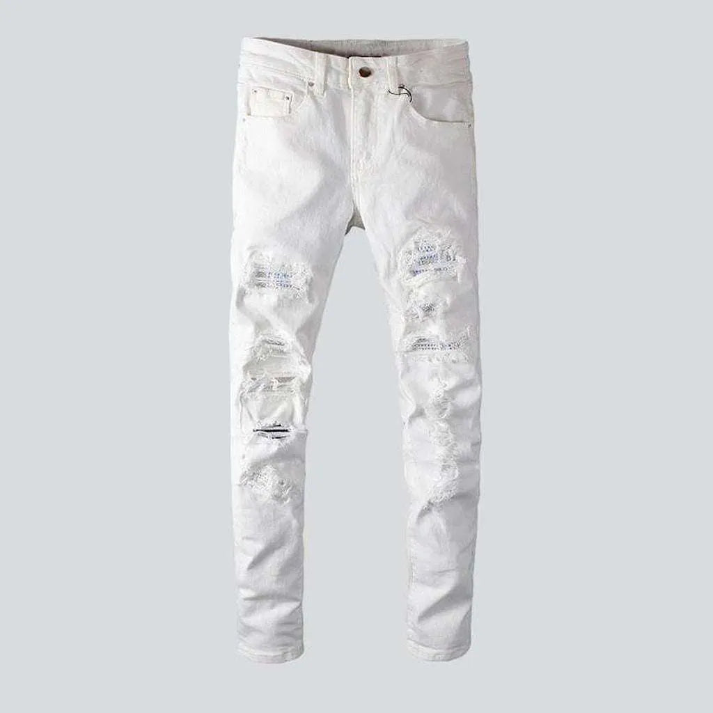 Comfortable Fits White crystal patchwork men's jeans