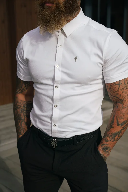 Classic Designs FS Super Slim Stretch White Denim Short Sleeve with Silver Metal Decal and Buttons - FS1112 Classic Designs FS Super Slim Stretch White Denim Short Sleeve with Silver Metal Decal and Buttons - FS1112