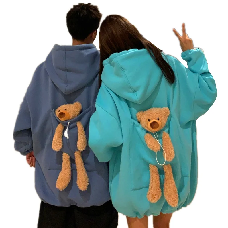 Comfy Pants Couple Matching Autumn Hoodies with Bear Toy in Big  Back Pocket
