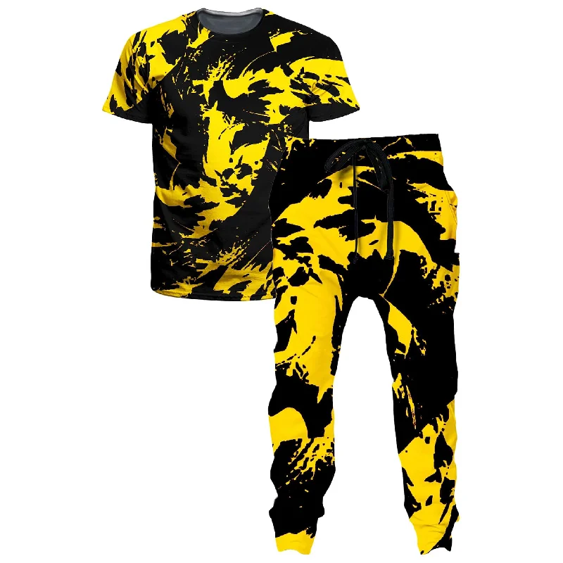 Casual Button-ups Black And Yellow Paint Splatter T-Shirt and Joggers Combo