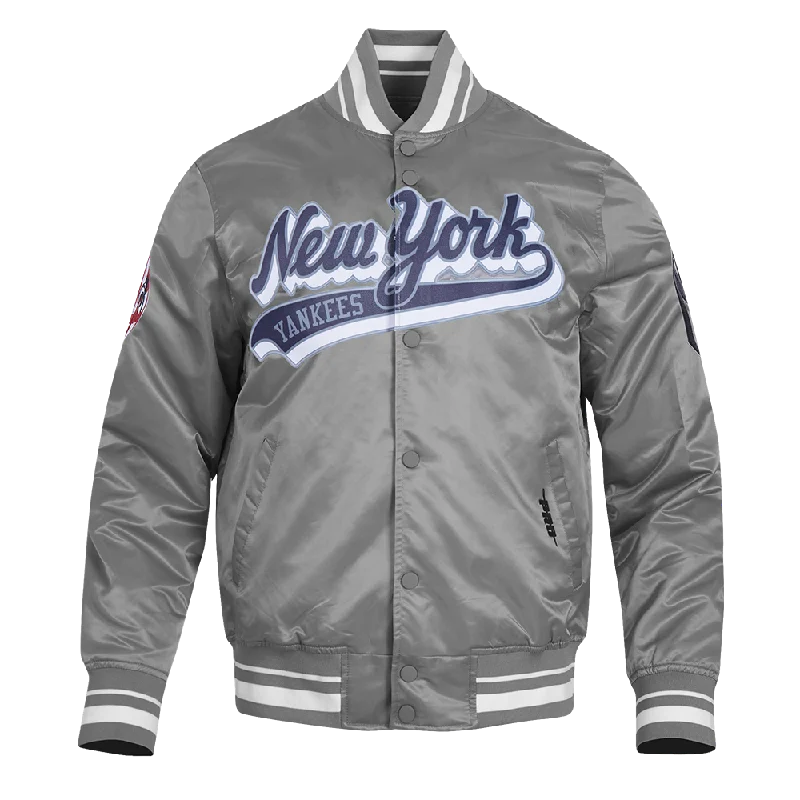Fashion Bottoms MLB NEW YORK YANKEES SCRIPT TAIL MEN'S RIB SATIN JACKET (GRAY)