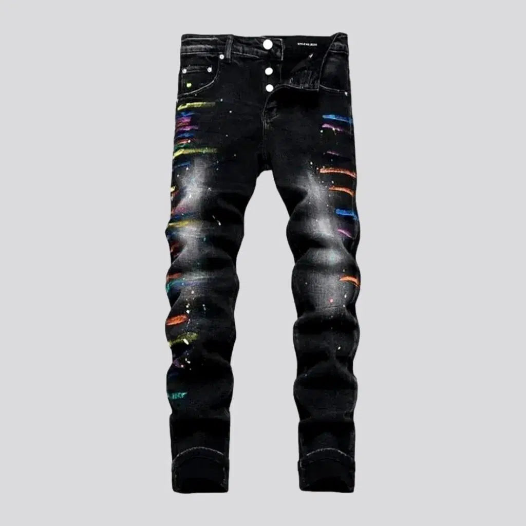 Versatile Wear Paint-splattered mid-waist jeans for men