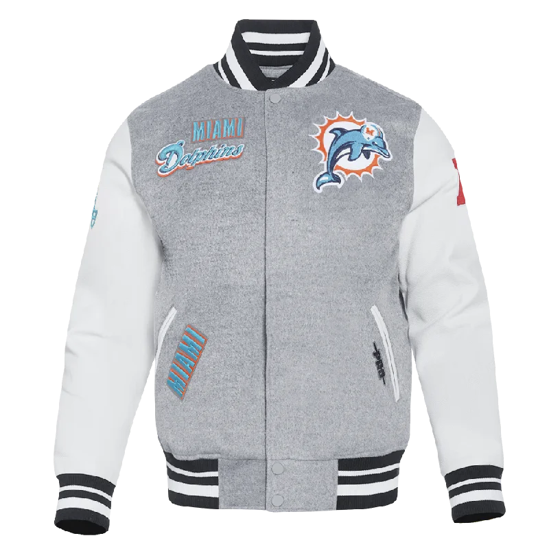 Urban Looks NFL MIAMI DOLPHINS RETRO CLASSIC MEN'S RIB WOOL VARSITY JACKET (HEATHER GREY/WHITE/BLACK) Urban Looks NFL MIAMI DOLPHINS RETRO CLASSIC MEN'S RIB WOOL VARSITY JACKET (HEATHER GREY/WHITE/BLACK)