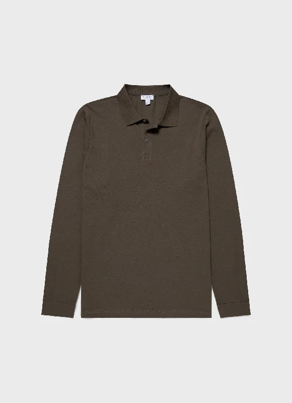 Casual Shoes Men's Long Sleeve Piqué Polo Shirt in Khaki
