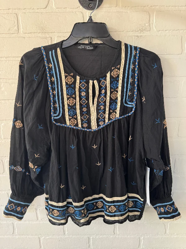 Soft Fabrics Top Long Sleeve By Zara Women In Black & Blue, Size: M