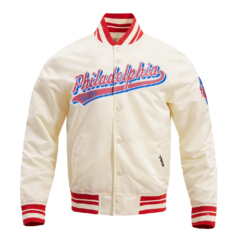 Trendy Tees MLB PHILADELPHIA PHILLIES SCRIPT TAIL MEN'S SATIN JACKET (EGGSHELL/ RED) Trendy Tees MLB PHILADELPHIA PHILLIES SCRIPT TAIL MEN'S SATIN JACKET (EGGSHELL/ RED)