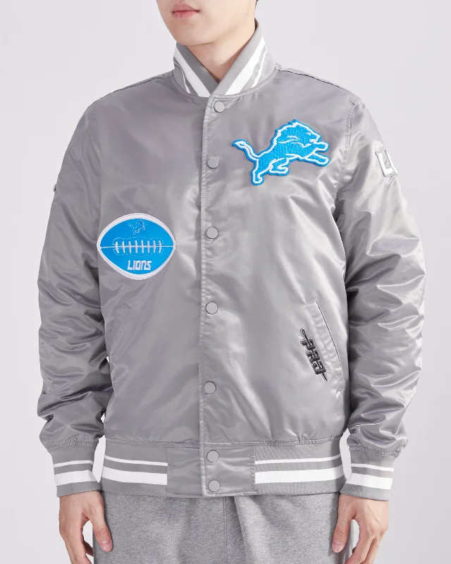 Soft Fabrics NFL DETROIT LIONS OLD ENGLISH MEN'S RIB SATIN JACKET (GRAY)