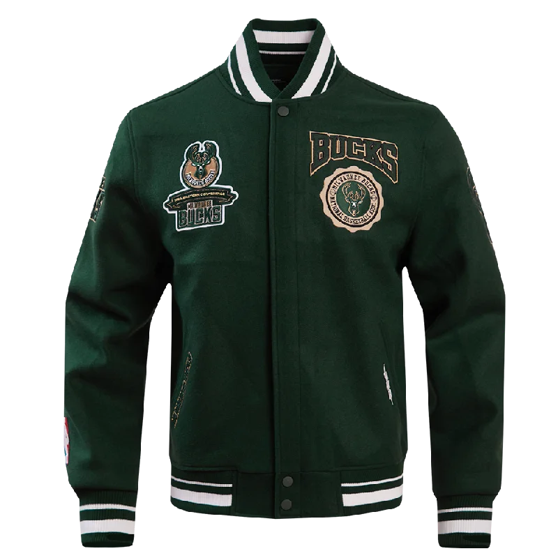 Comfy Tops NBA MILWAUKEE BUCKS CREST EMBLEM RIB WOOL VARSITY JACKET (FOREST GREEN)
