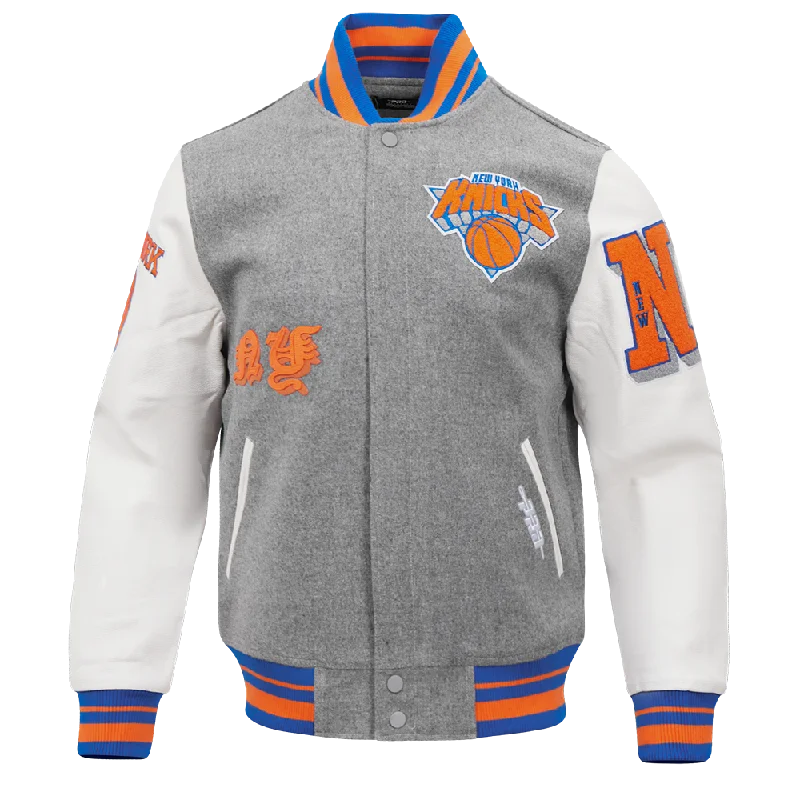 Classic Styles NBA NEW YORK KNICKS OLD ENGLISH MEN'S RIB WOOL VARSITY JACKET (HEATHER GREY/ROYAL/ORANGE) Classic Styles NBA NEW YORK KNICKS OLD ENGLISH MEN'S RIB WOOL VARSITY JACKET (HEATHER GREY/ROYAL/ORANGE)