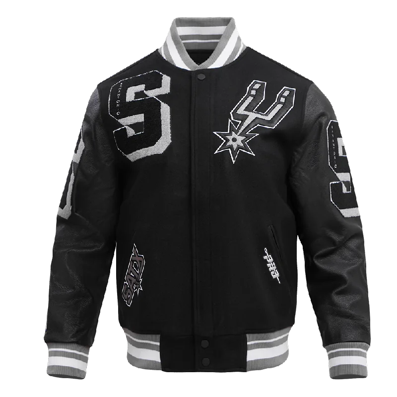 Smart Casual Wear NBA SAN ANTONIO SPURS MASHUP MEN'S RIB WOOL VARSITY JACKET (BLACK/GRAY) Smart Casual Wear NBA SAN ANTONIO SPURS MASHUP MEN'S RIB WOOL VARSITY JACKET (BLACK/GRAY)