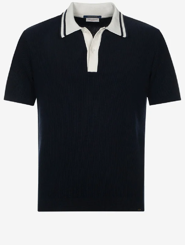 Fashionable Wear Knitted Poloshirt Short Sleeve Navy