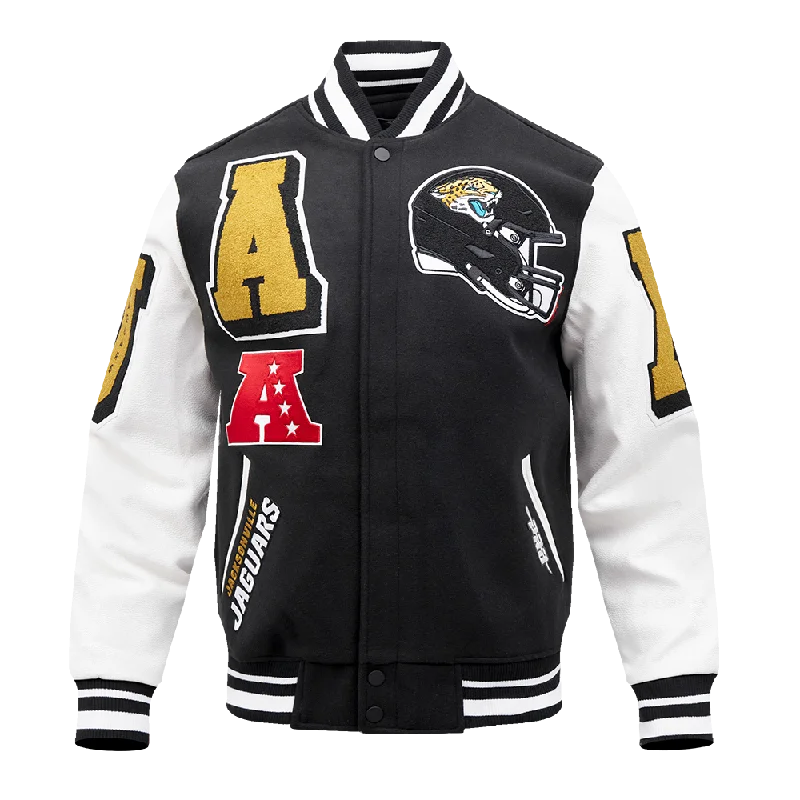 Chic Styles NFL JACKSONVILLE JAGUARS MASHUP MEN'S RIB WOOL VARSITY JACKET (BLACK/WHITE) Chic Styles NFL JACKSONVILLE JAGUARS MASHUP MEN'S RIB WOOL VARSITY JACKET (BLACK/WHITE)