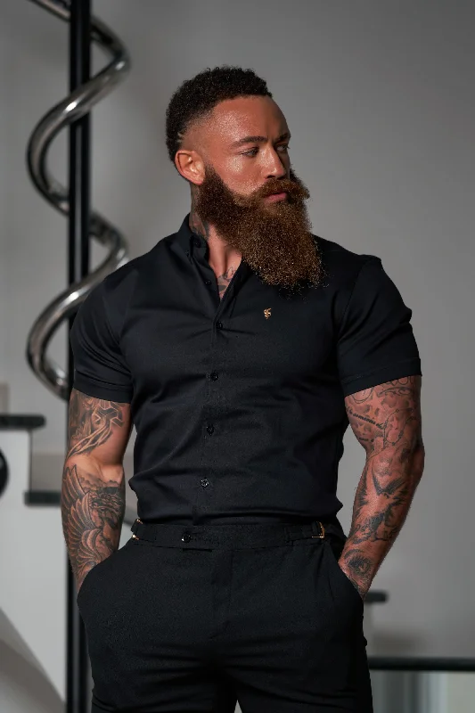 Layered Clothing Father Sons Super Slim Stretch Black Denim Short Sleeve with Gold Metal Decal and Button Down Collar - FS1041 Layered Clothing Father Sons Super Slim Stretch Black Denim Short Sleeve with Gold Metal Decal and Button Down Collar - FS1041