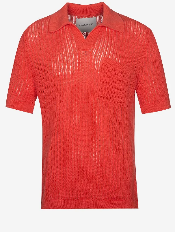 Sleek Tops Textured Linen Short Sleeve Polo Burnt Orange