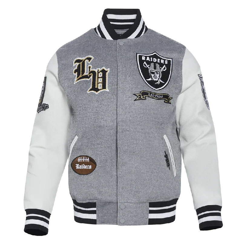 Smart Wear NFL LAS VEGAS RAIDERS PRO PREP MEN'S WOOL VARSITY JACKET (HEATHER GREY/WHITE/BLACK) Smart Wear NFL LAS VEGAS RAIDERS PRO PREP MEN'S WOOL VARSITY JACKET (HEATHER GREY/WHITE/BLACK)