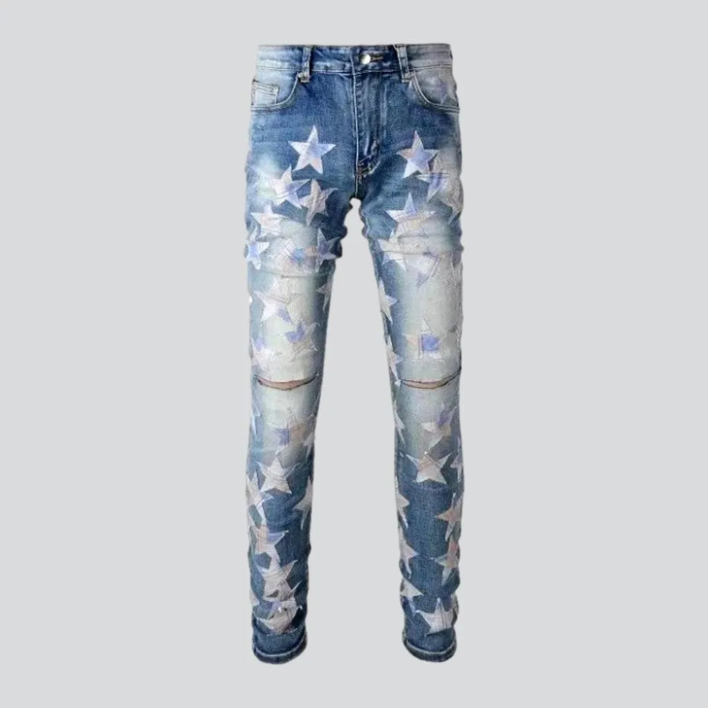 Travel Wear Stars-embroidery men's distressed jeans