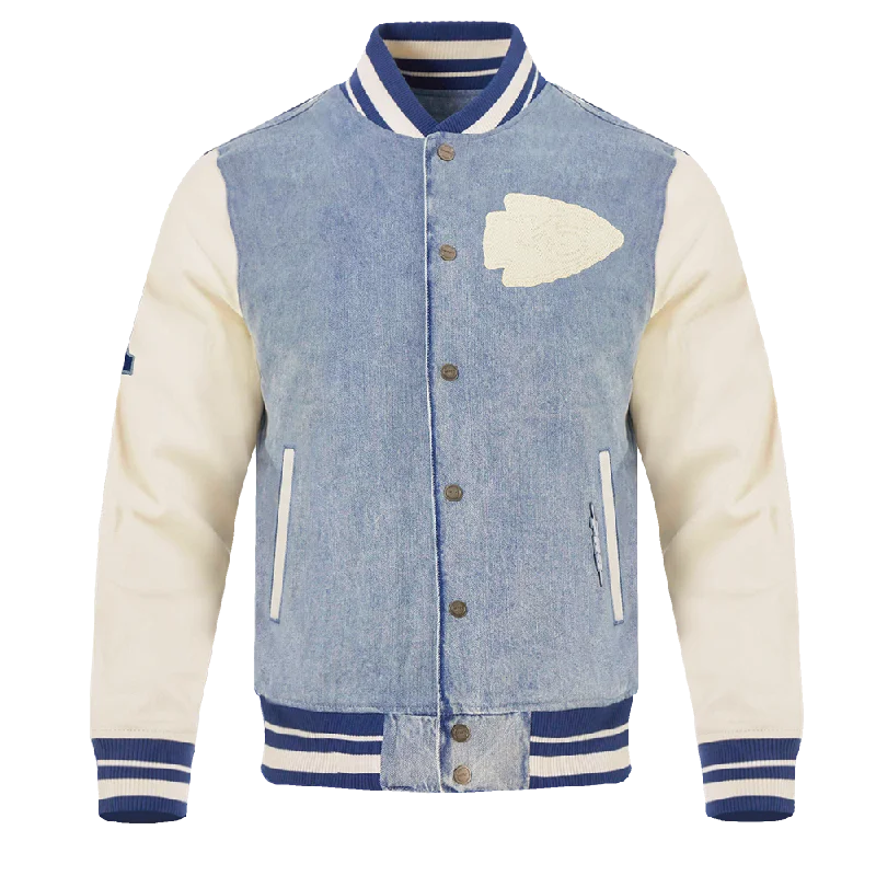 Designer Pieces NFL KANSAS CITY CHIEFS VARSITY BLUES MEN'S DENIM VARSITY JACKET (DENIM/LINEN) Designer Pieces NFL KANSAS CITY CHIEFS VARSITY BLUES MEN'S DENIM VARSITY JACKET (DENIM/LINEN)