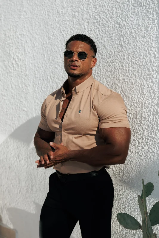 Daily Looks FS Super Slim Stretch Taupe Denim Short Sleeve with Button Down Collar Gold Metal Decal - FS1131 Daily Looks FS Super Slim Stretch Taupe Denim Short Sleeve with Button Down Collar Gold Metal Decal - FS1131