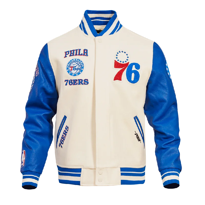 Formal Casuals NBA PHILADELPHIA 76ERS RETRO CLASSIC MEN'S RIB WOOL VARSITY JACKET (EGGSHELL/ ROYAL BLUE) Formal Casuals NBA PHILADELPHIA 76ERS RETRO CLASSIC MEN'S RIB WOOL VARSITY JACKET (EGGSHELL/ ROYAL BLUE)