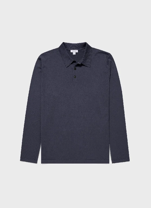 Chic Outfits Men's Long Sleeve Sea Island Cotton Polo Shirt in Slate Blue