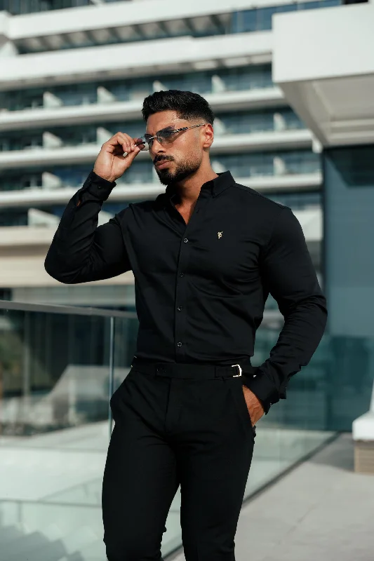 Casual Shirts Father Sons Super Slim Stretch Black Denim Long Sleeve with Gold Metal Decal and Button Down Collar - FS1040 Casual Shirts Father Sons Super Slim Stretch Black Denim Long Sleeve with Gold Metal Decal and Button Down Collar - FS1040
