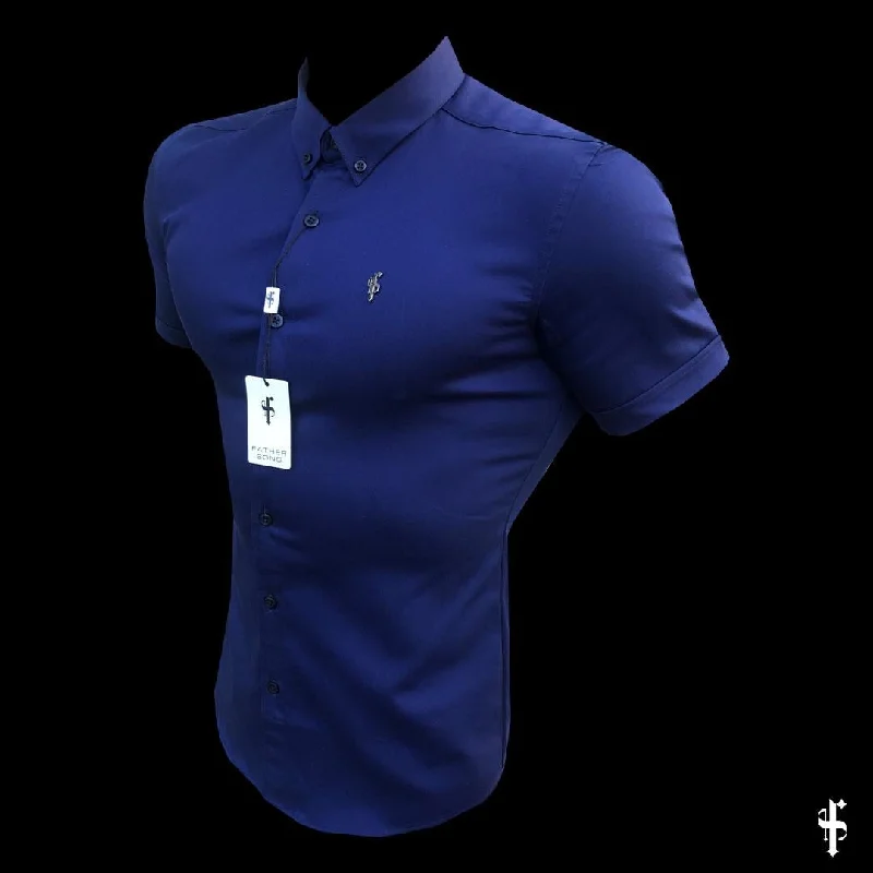 All-Day Wear Father Sons Super Slim Stretch Navy Denim Short Sleeve with Metal Decal Emblem - FS637