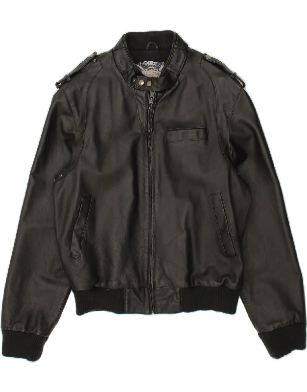 Travel Wear RIVER ISLAND Mens Military Leather Jacket UK 40 Large Black Leather