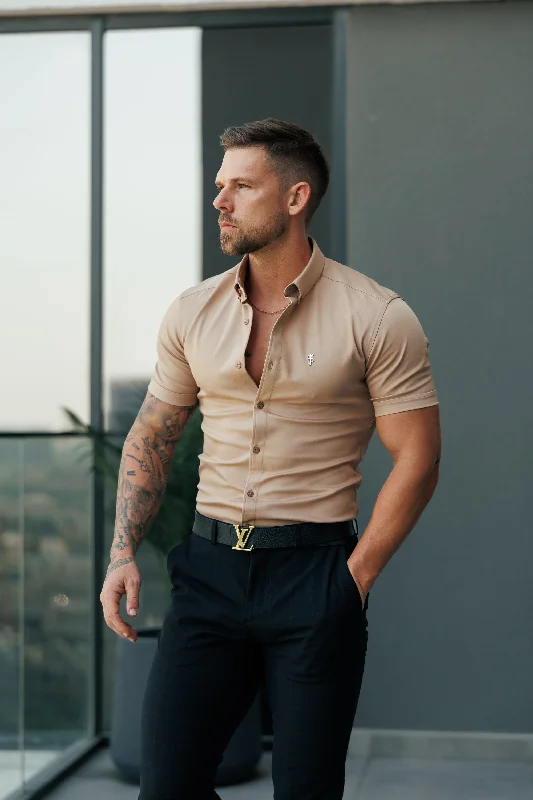 Stylish Jackets FS Super Slim Stretch Light Tan Denim Short Sleeve with Button Down Collar - FS1133 Stylish Jackets FS Super Slim Stretch Light Tan Denim Short Sleeve with Button Down Collar - FS1133