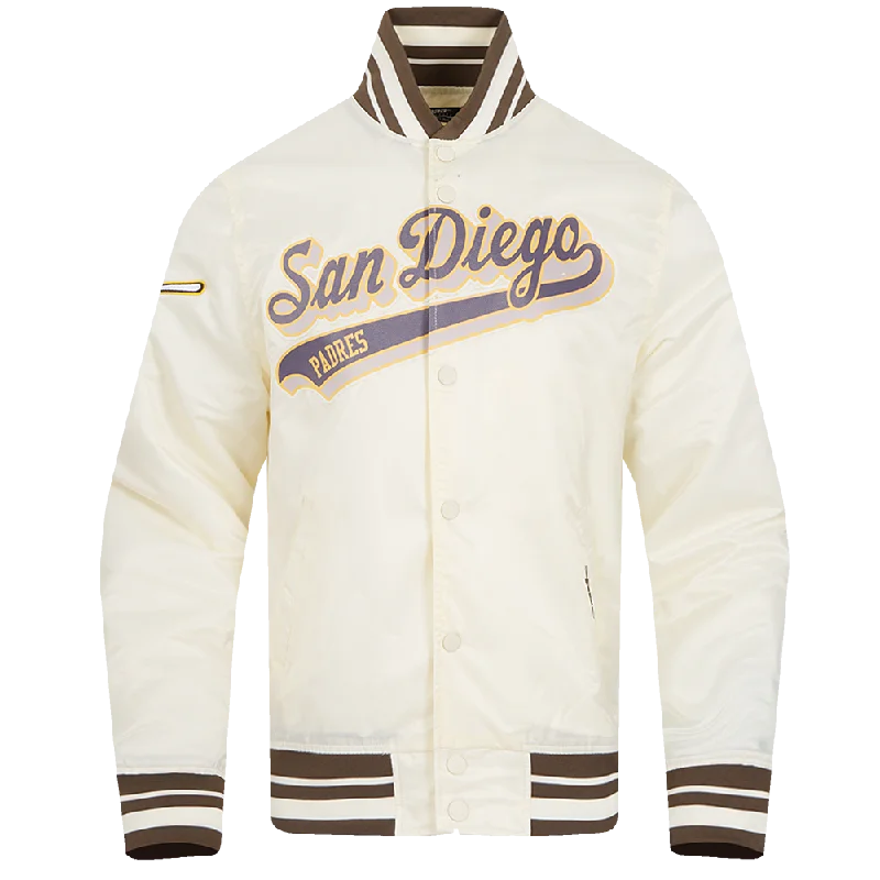 Chic Styles MLB SAN DIEGO PADRES SCRIPT TAIL MEN'S SATIN JACKET (EGGSHELL/ BROWN)