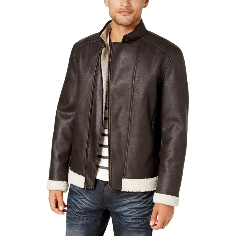 Chic Outfits I-N-C Mens Fleece-Lined Faux Leather Jacket, Brown, Medium (Regular)