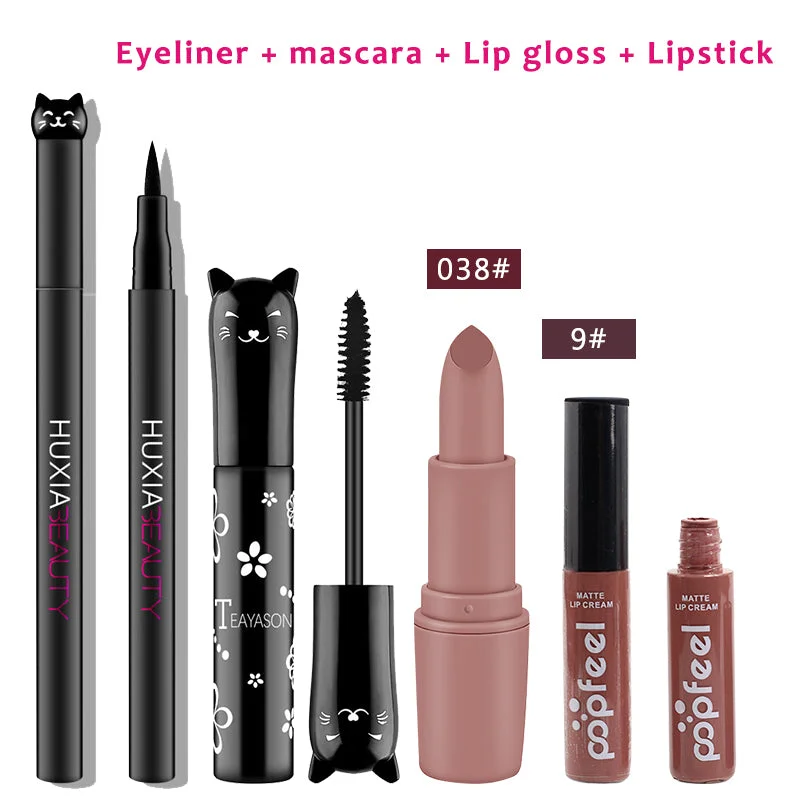 Classic Fits 4pcs/set Cat Makeup Sets Including Lipstick, Eyeliner,Mascara, Eyeshadow, Makeup Kit Women Cosmetics Bag for Gifts